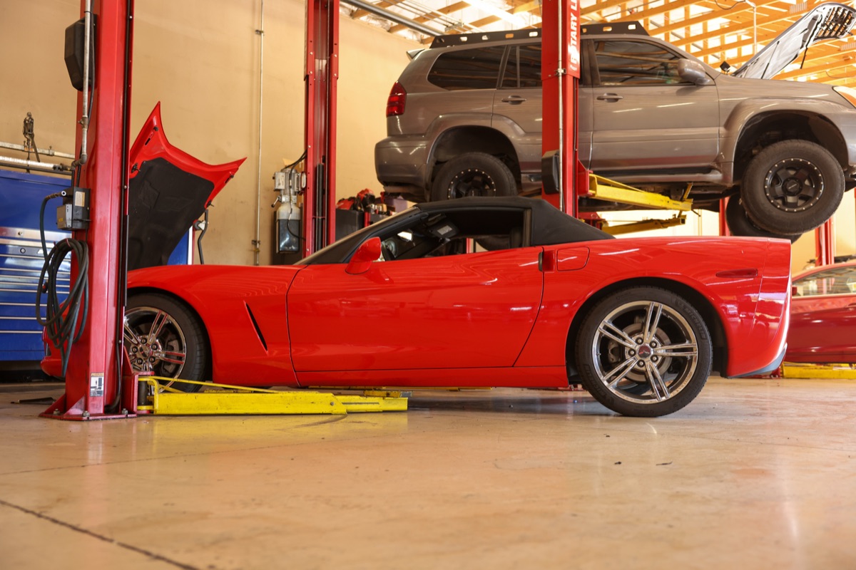 Vehicles on lifts inside a Network Automotive service bay